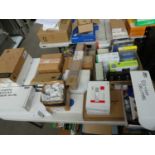 +VAT Tabletop of assorted equipment including DRi +VGA splitters, internet hubs, Lindy DVI cats