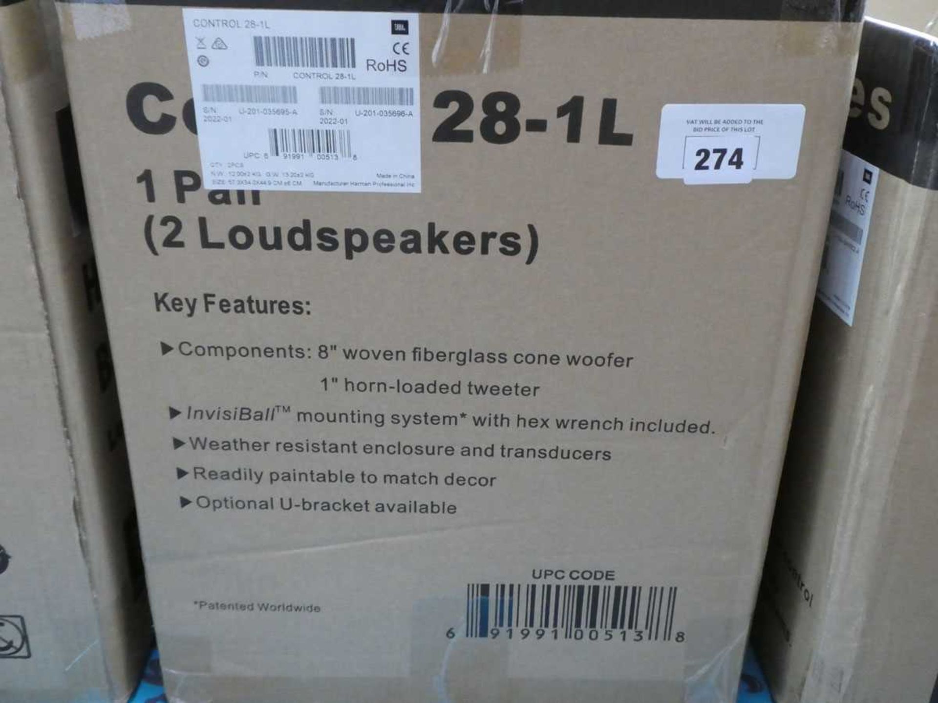 +VAT 2x JBL Control Contractor Series 28-1L high output indoor/outdoor background/foreground speaker - Image 2 of 2