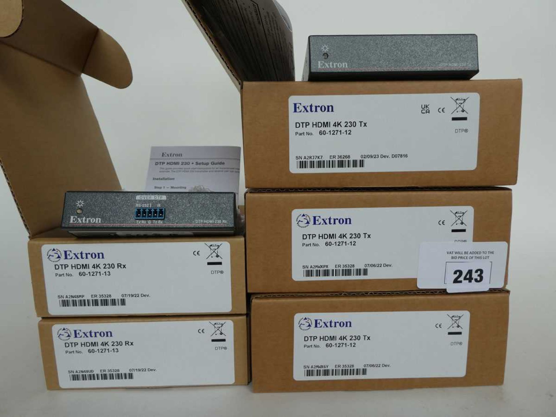 +VAT 5x boxes including 3 Extron DTP HDMI 4K 230 TX transmitters with power supply and boxes, and
