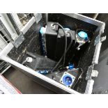 +VAT Wheeled flight case containing 32A power distribution unit, RCD metre distribution board, and 2