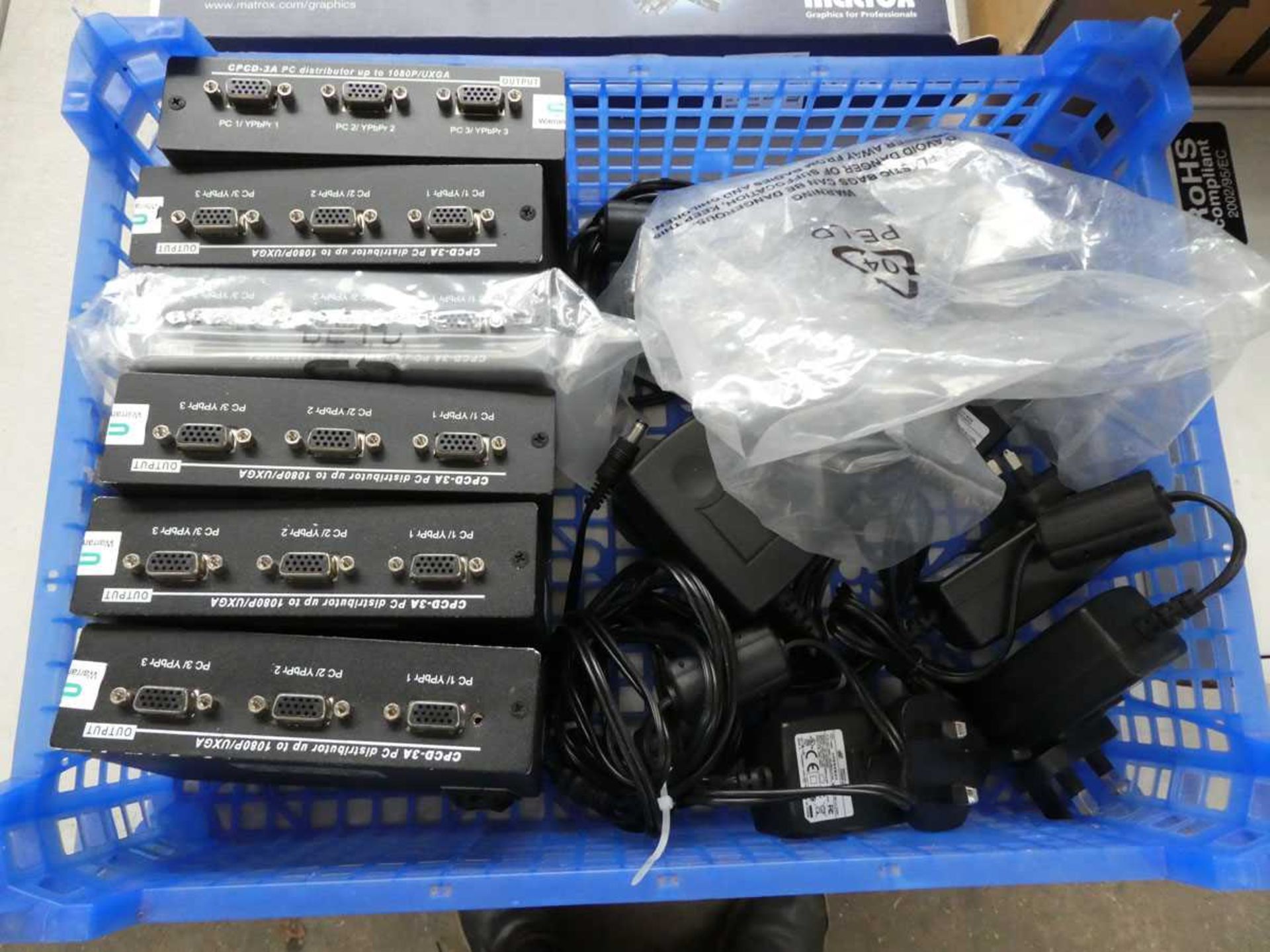 +VAT Mixed lot including Matrox triple head 2 go assorted PC distributors with power supplies, TV - Image 2 of 7