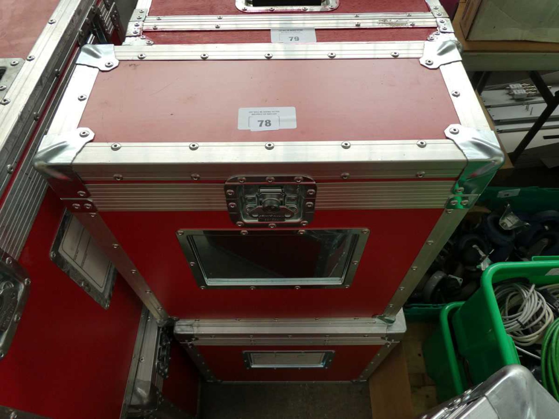 +VAT 2 red padded flight cases each with a 17" monitor