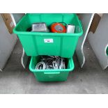 +VAT 2 green trays of various computing cables, power supplies mains lead, fire bell etc