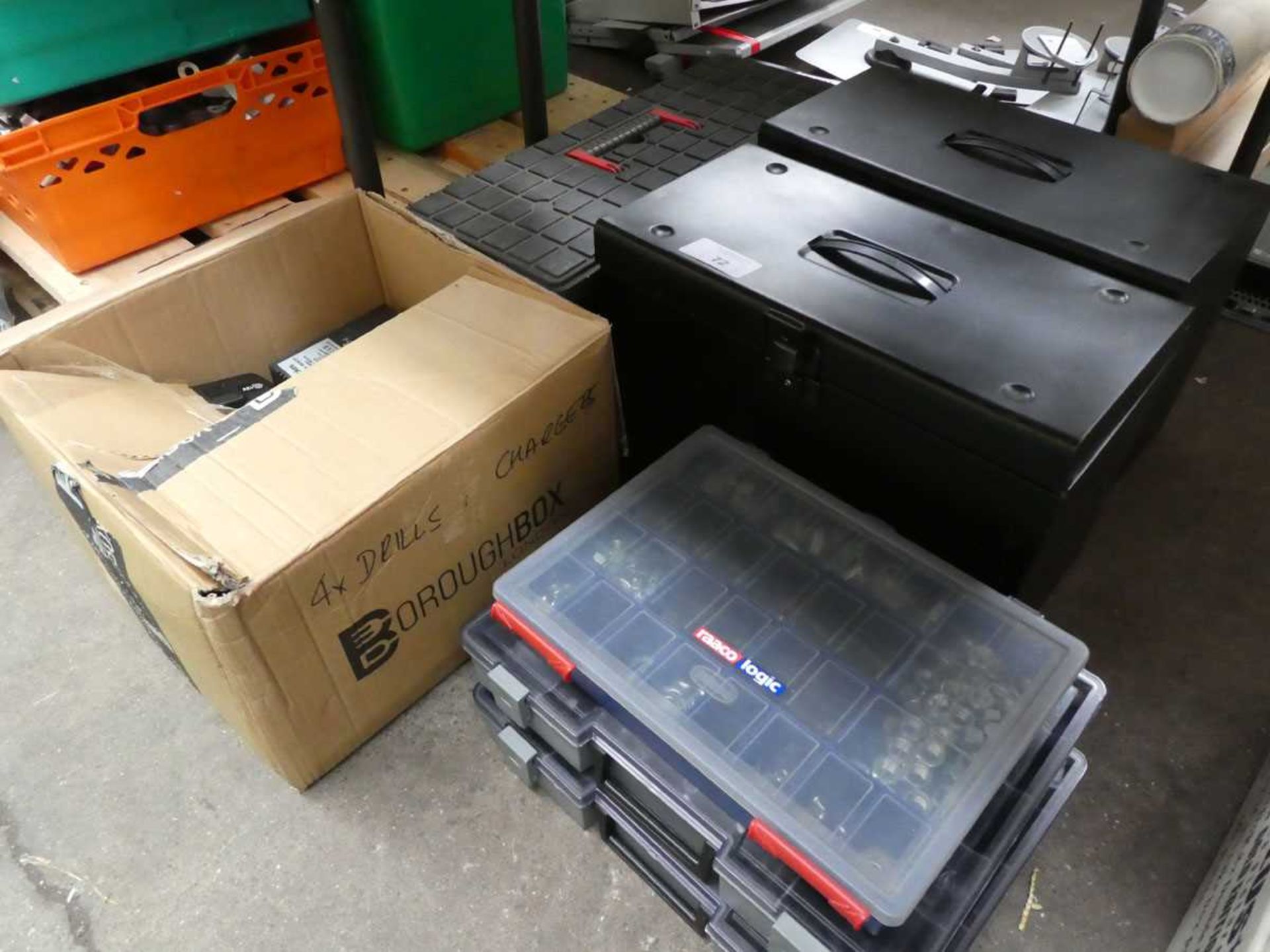 +VAT Multi compartment cases and fittings, a tool box filing tray and various battery drills