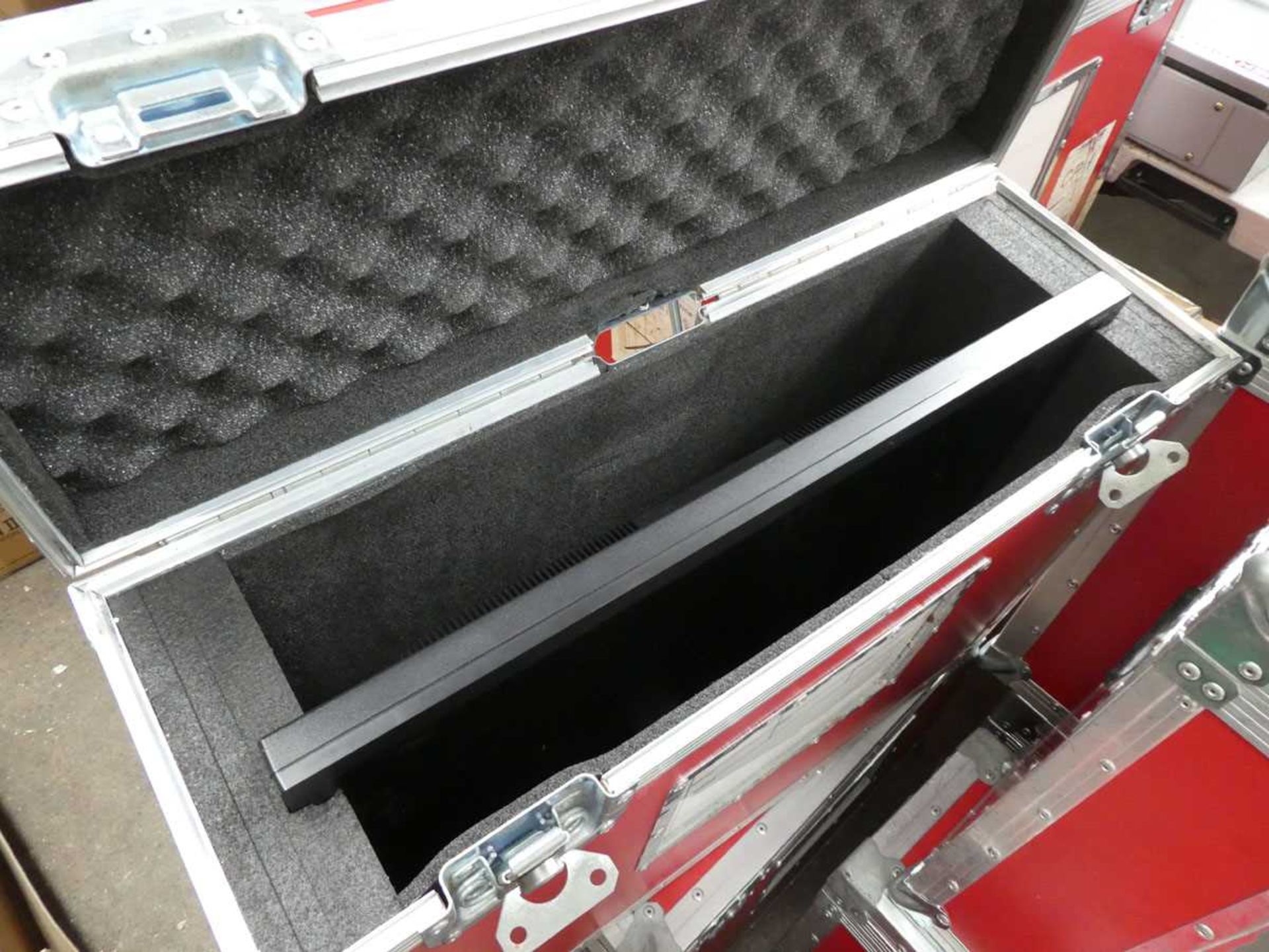 +VAT 2 top opening hinged padded flight cases in red each with a large monitor - Image 2 of 3