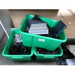 +VAT 3 green trays of various power leads, connectors, misc with power supplies
