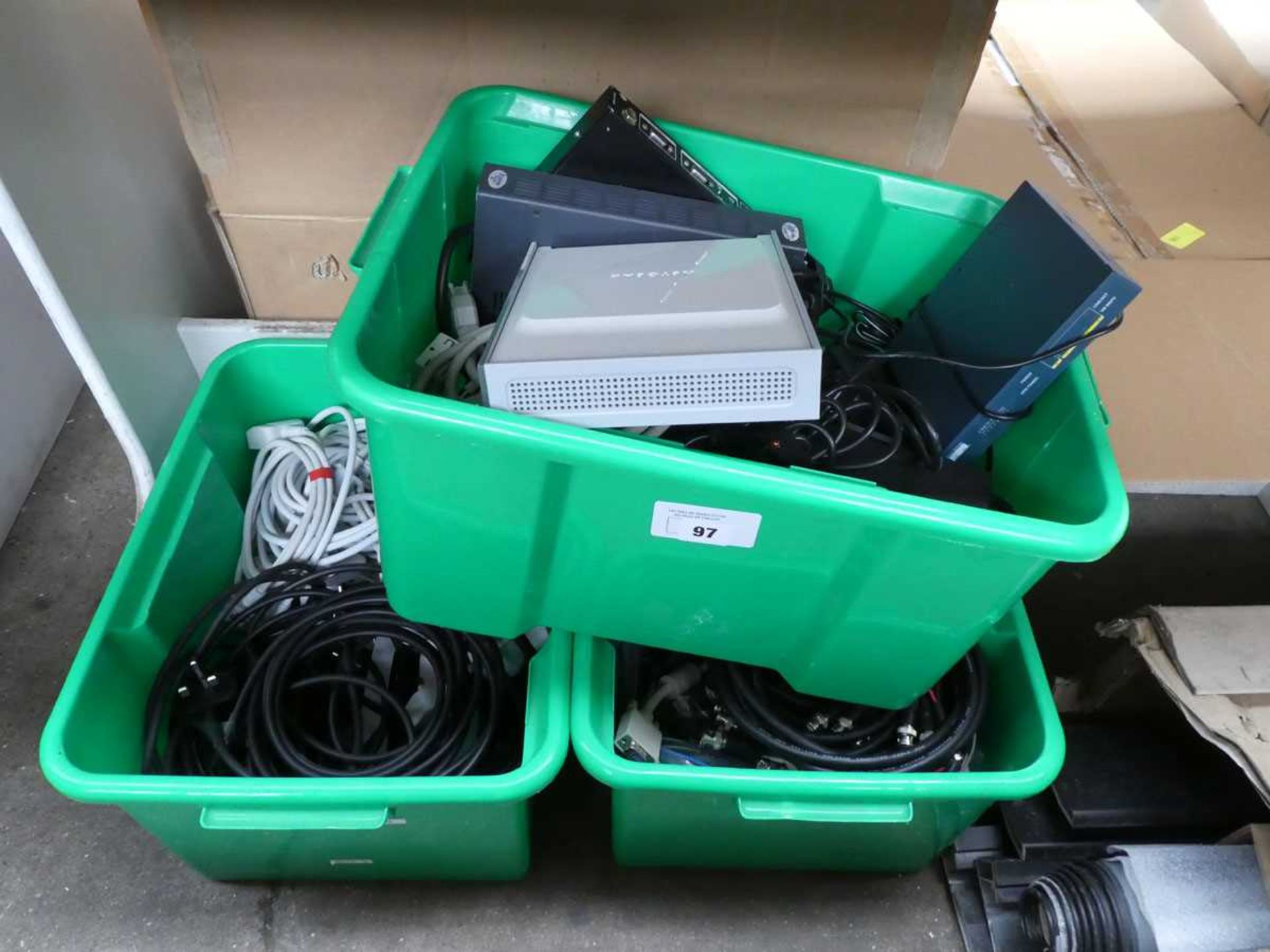 +VAT 3 green trays of various power leads, connectors, misc with power supplies