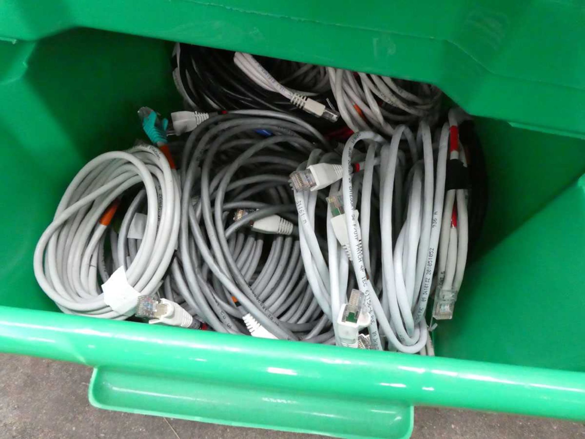 +VAT 2 green trays of various computing cables, power supplies mains lead, fire bell etc - Image 3 of 3
