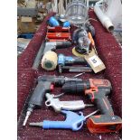 4 various air operated hand tools together with miscellaneous visors and box of Packexe handy wrap
