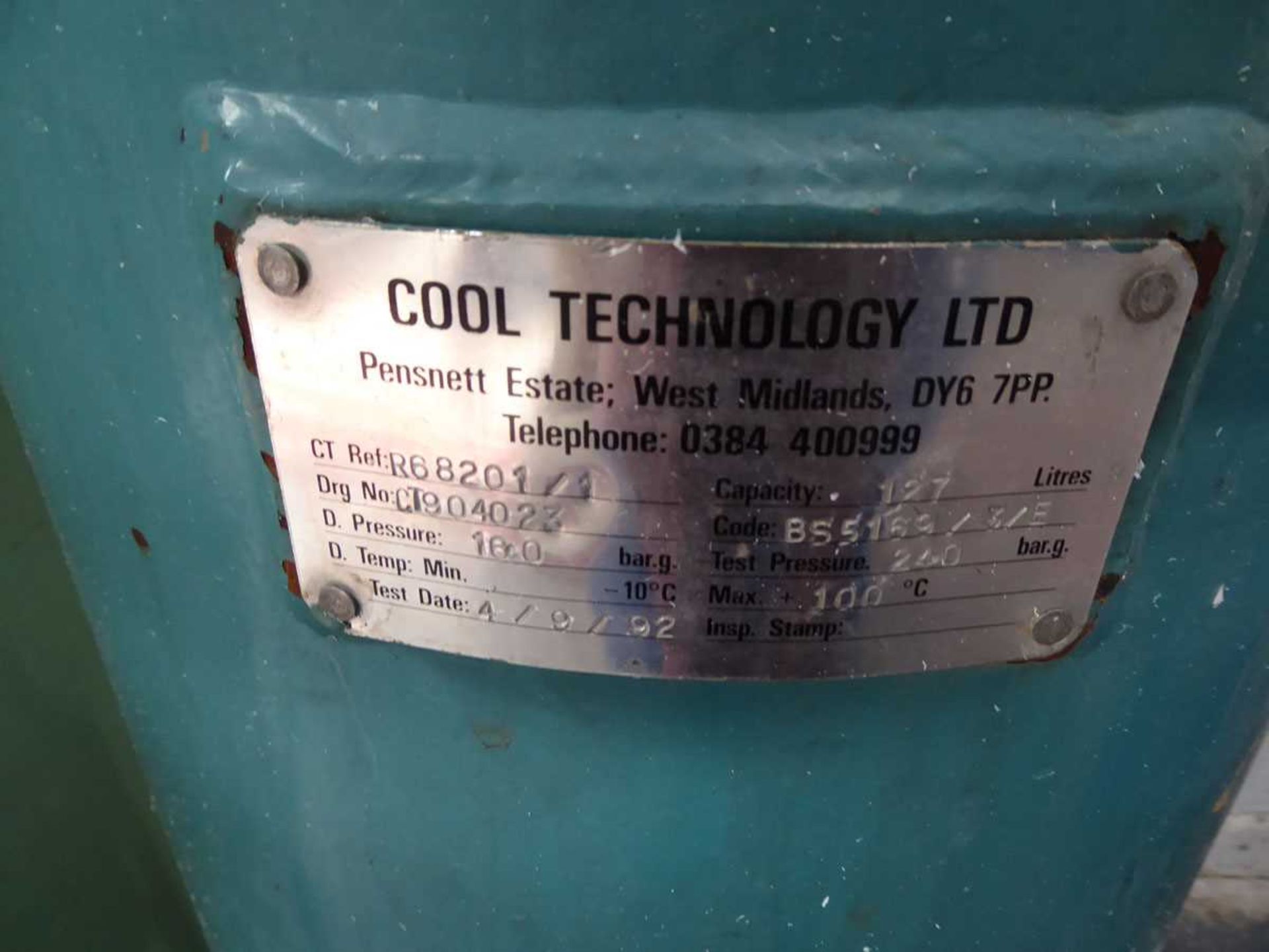 Cool Technology 127 litre capacity vertical air receiver tank, year 1992, serail no. BS5169/3/E - Image 2 of 2