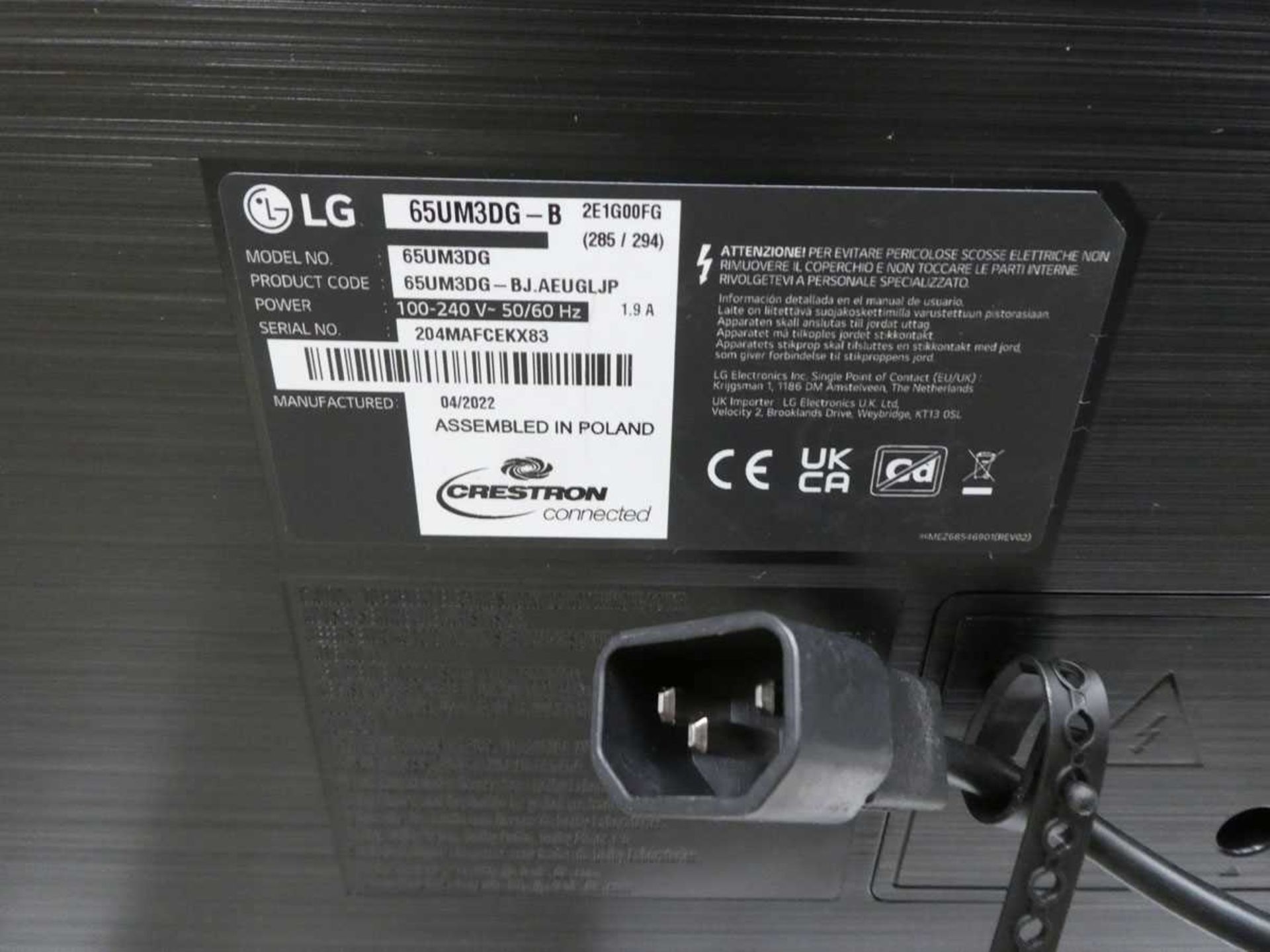 LG Model 65UM3DG 65" Digital Signage Display 4K UHD LED Monitor with detachable remote sensor, - Image 2 of 2