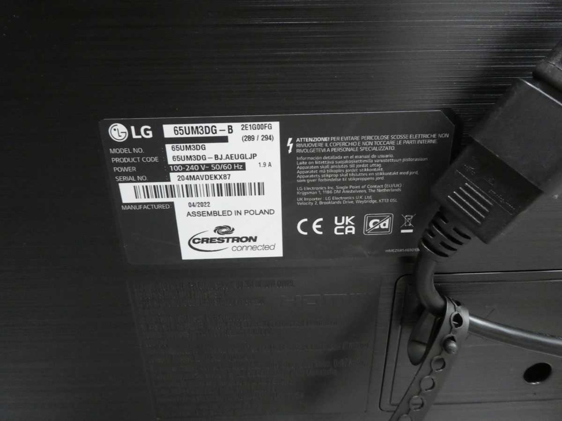 LG Model 65UM3DG 65" Digital Signage Display 4K UHD LED Monitor with detachable remote sensor, - Image 2 of 2