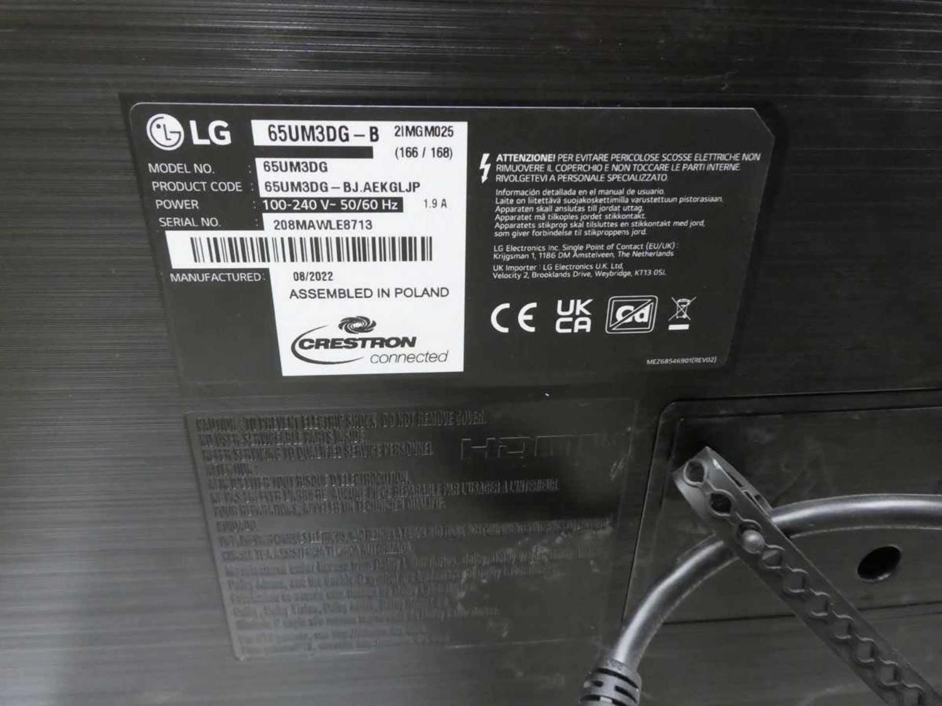 LG Model 65UM3DG 65" Digital Signage Display 4K UHD LED Monitor with detachable remote sensor, - Image 2 of 3