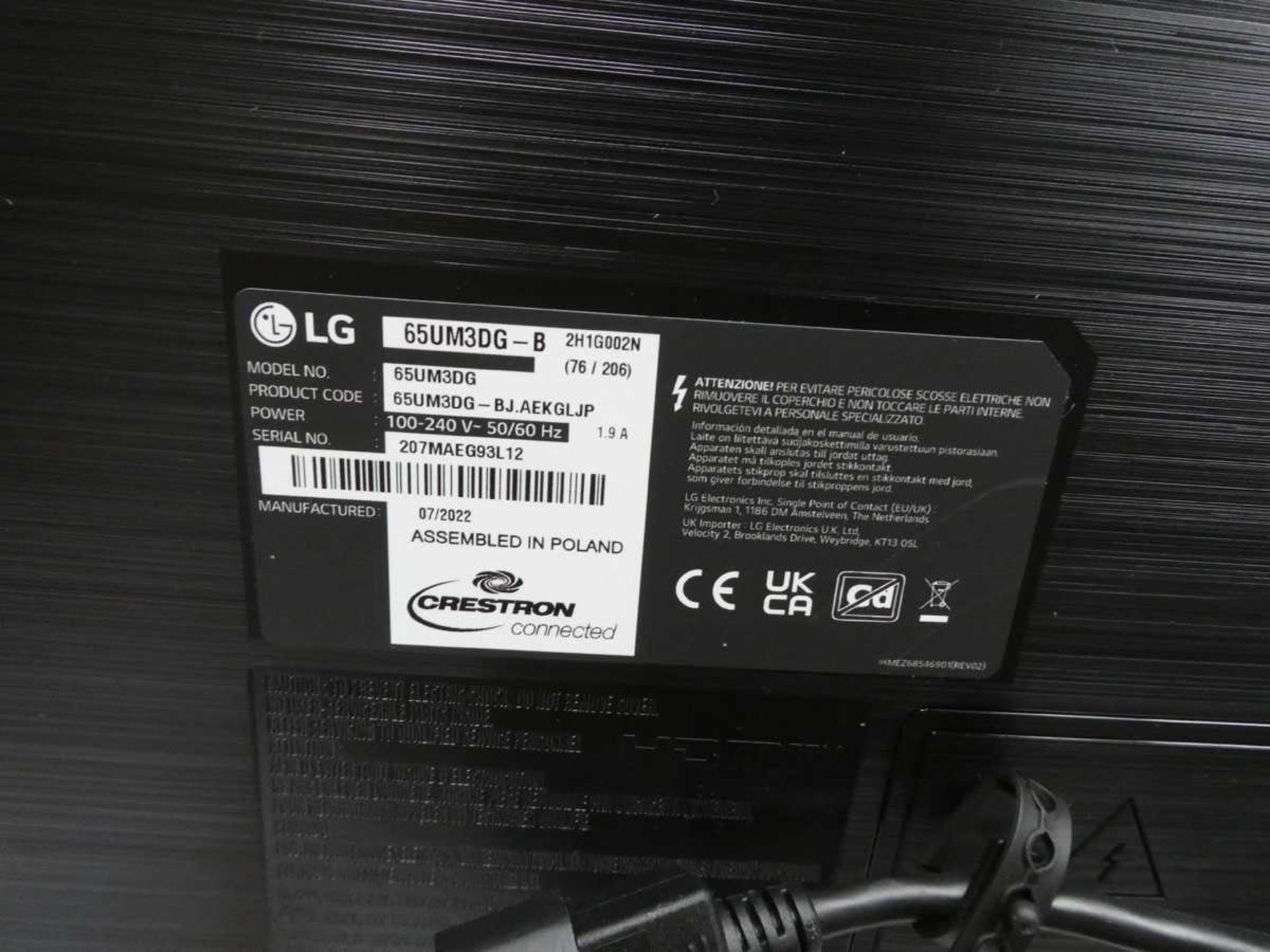 LG Model 65UM3DG 65" Digital Signage Display 4K UHD LED Monitor with detachable remote sensor, - Image 3 of 3