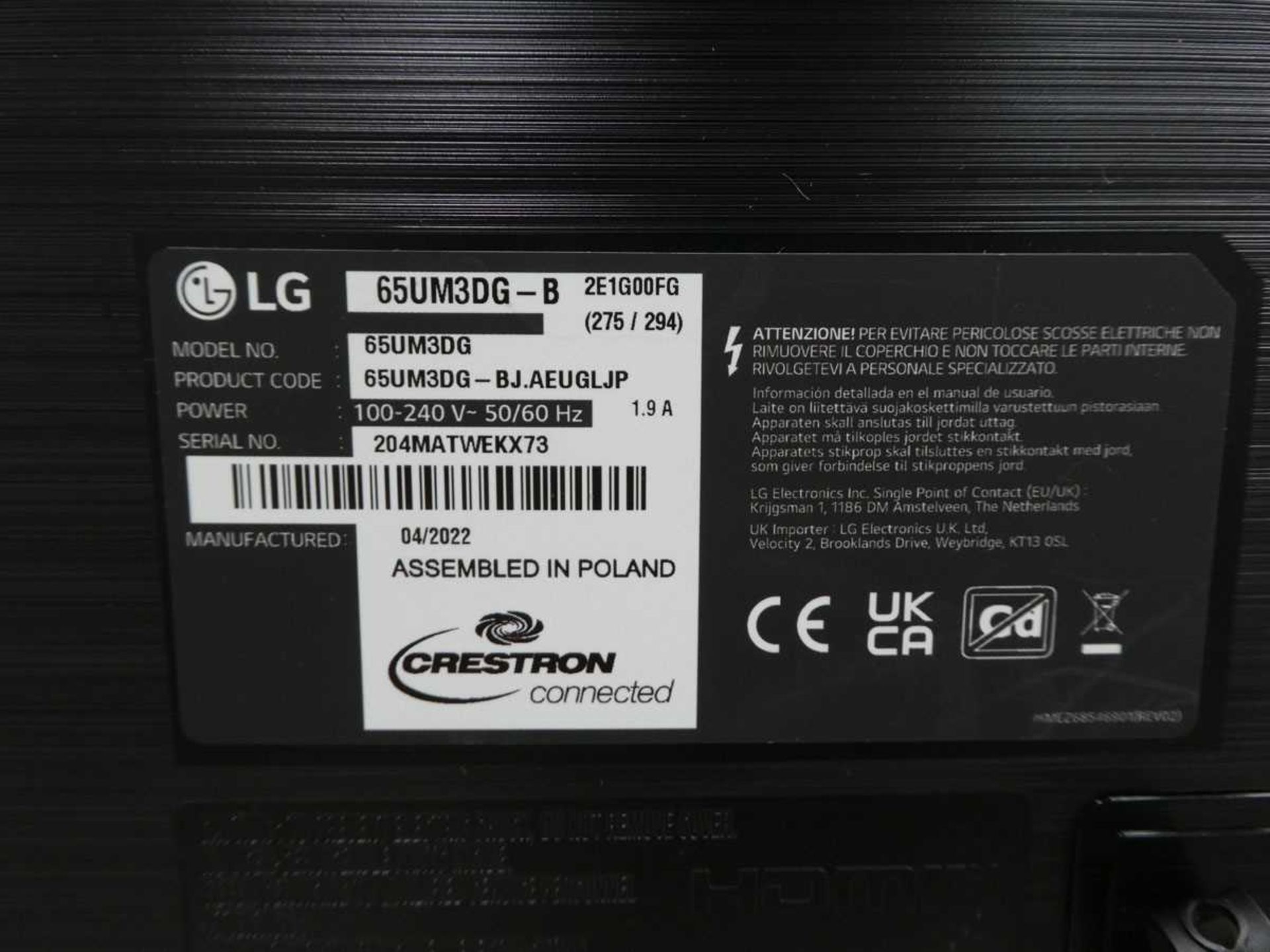 LG Model 65UM3DG 65" Digital Signage Display 4K UHD LED Monitor with detachable remote sensor, - Image 3 of 9