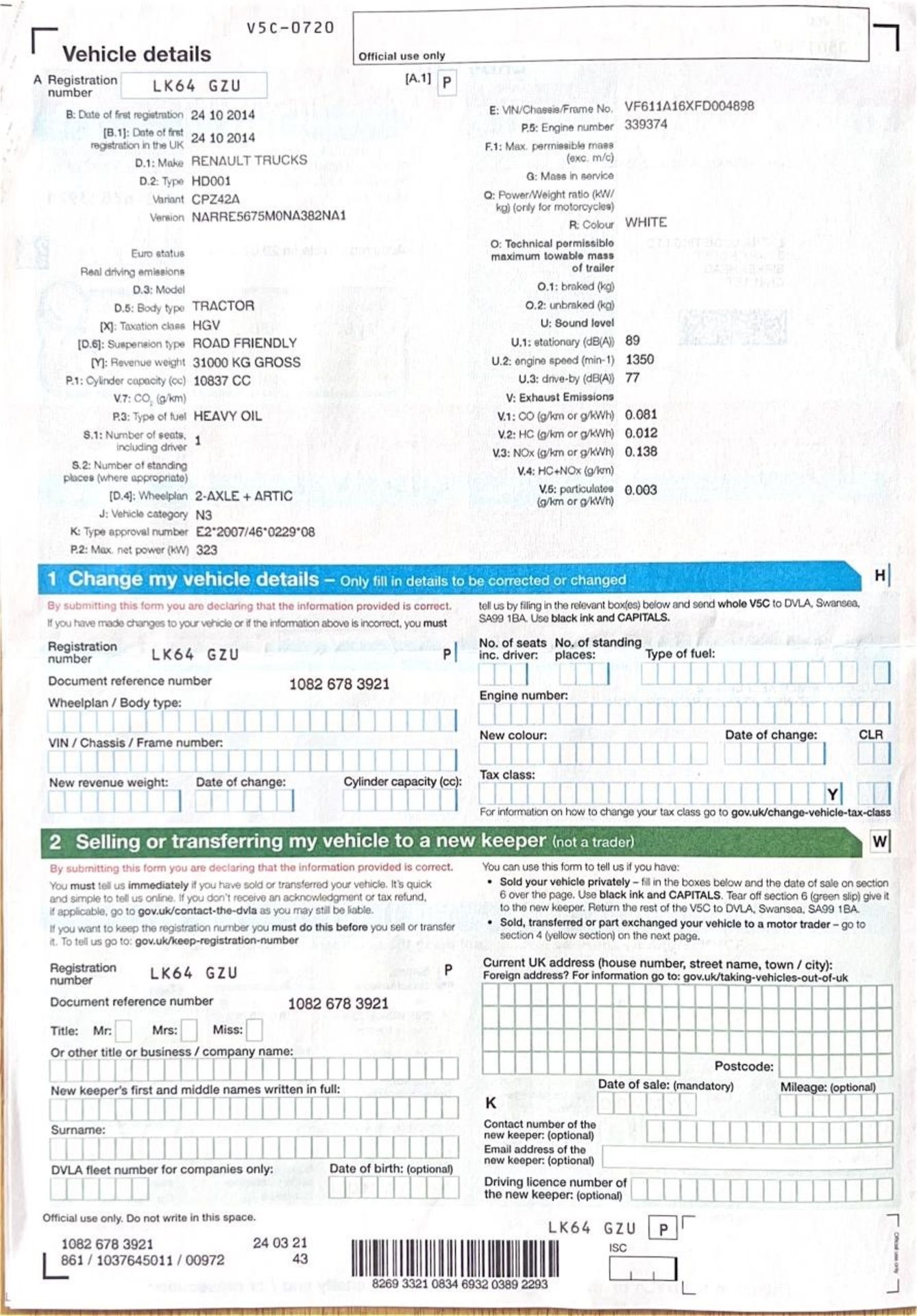 A Renault T430 4x2 Tractor Unit, Reg. No.LK64GZU, first registered 24/10/2014, indicated 738,556 km, - Image 8 of 9