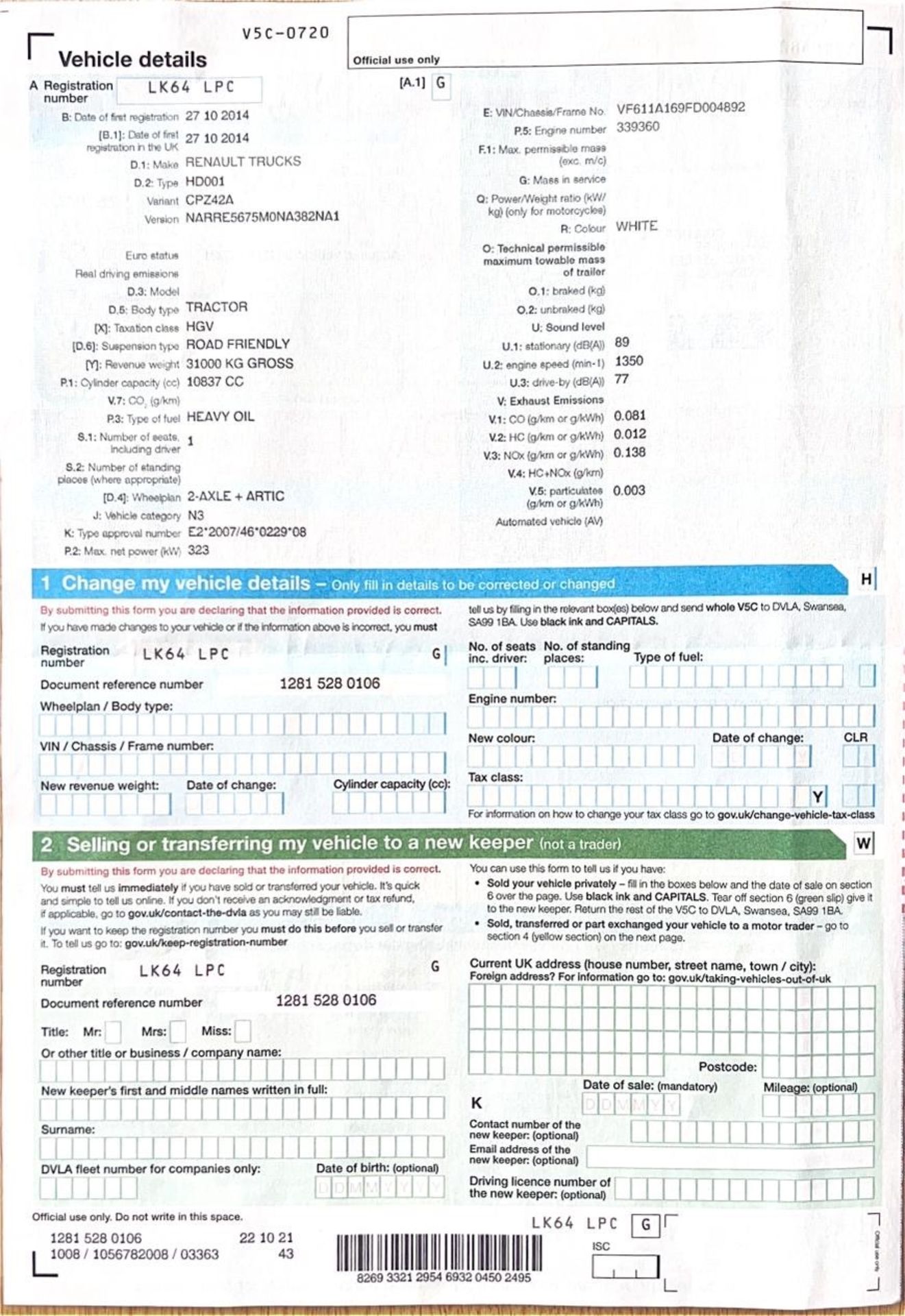 A Renault T430 4x2 Tractor Unit, Reg. No.LK64LPC, first registered 27/10/2014, indicated 761,760 km, - Image 8 of 9