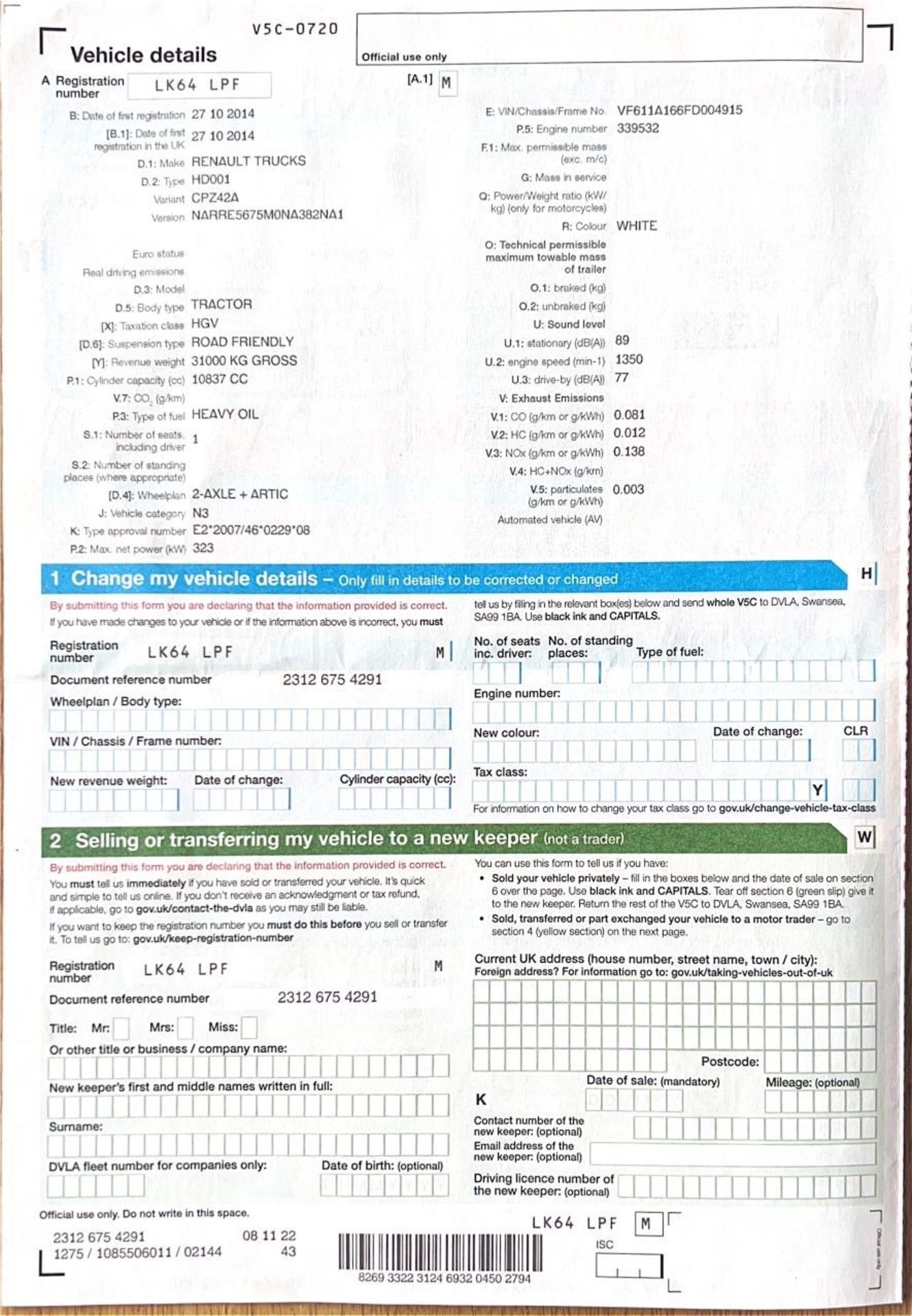 A Renault T430 4x2 Tractor Unit, Reg. No.LK64LPF, first registered 27/10/2014, indicated 640,629 km, - Image 12 of 13