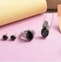 New! 3 Piece Set - Boi Ploi Black Spinel Pendant With Chain, Earrings and Pendant