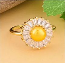 New! Golden Fresh Water Pearl and Simulated Diamond Floral Ring