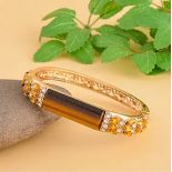 New! Yellow Tigers Eye, Champagne Diamond and White Austrian Crystal Bangle