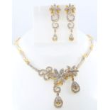 IGI Certified 14 K / 585 Yellow Gold Diamond Necklace with Matching Chandelier Earrings