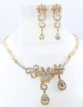 IGI Certified 14 K / 585 Yellow Gold Diamond Necklace with Matching Chandelier Earrings