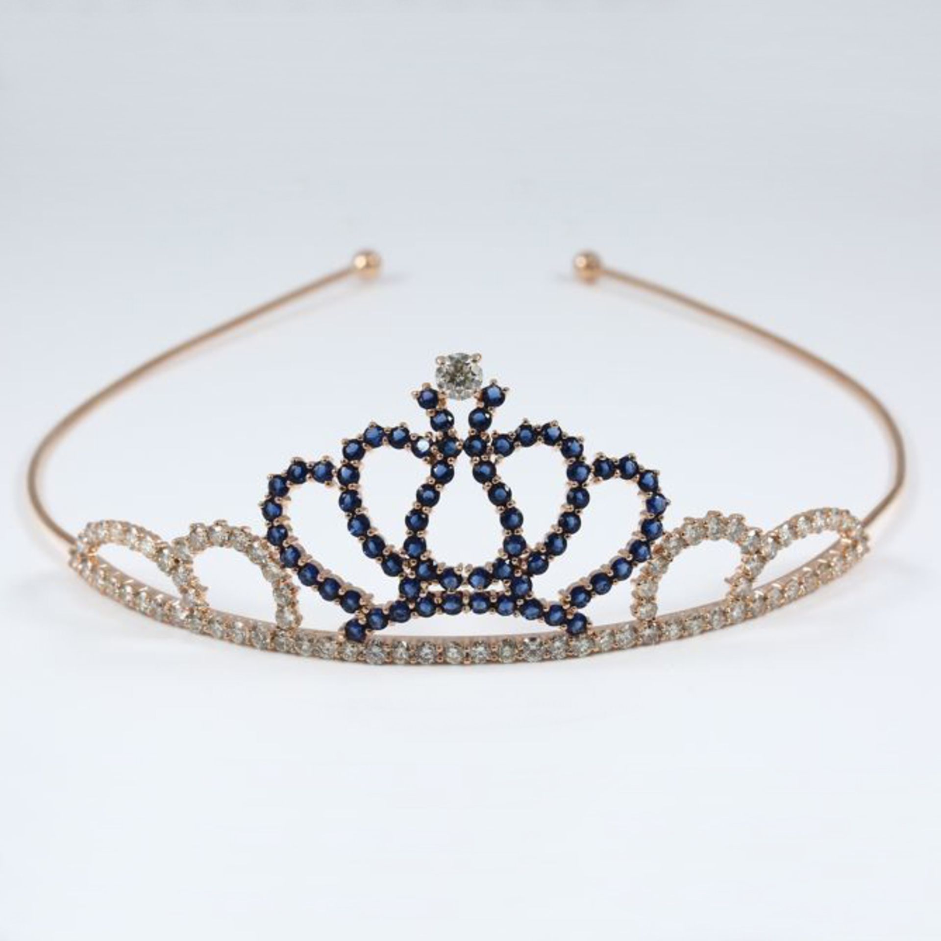 IGI Certified 14 K Rose Gold 11.06 ct. Diamonds and 5.60 ct. Blue Sapphire Tiara/Head Gear - Image 6 of 10