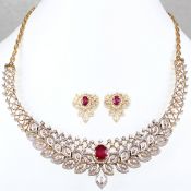 18 K / 750 Yellow Gold Diamond & Ruby Necklace with Earrings