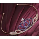 IGI Certified 14 K Rose Gold 11.06 ct. Diamonds and 5.60 ct. Blue Sapphire Tiara/Head Gear