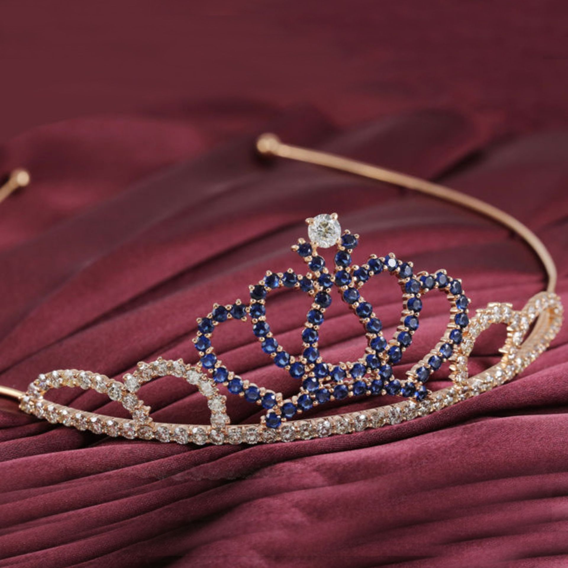 IGI Certified 14 K Rose Gold 11.06 ct. Diamonds and 5.60 ct. Blue Sapphire Tiara/Head Gear - Image 8 of 10