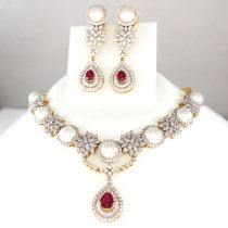 14 K / 585 Yellow Gold Retro Style Diamond, Ruby and Pearl Necklace With Matching Long Earrings