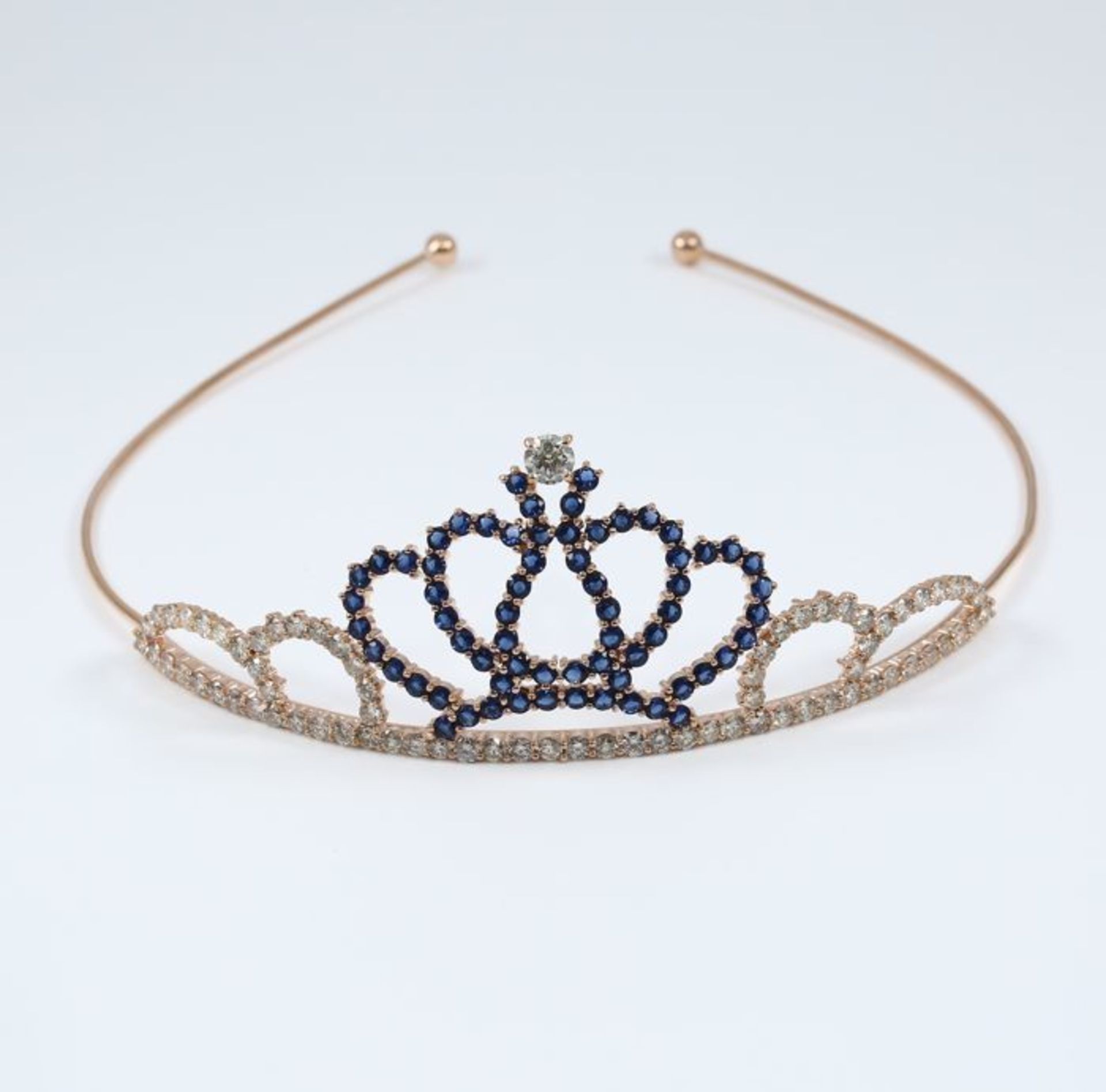 IGI Certified 14 K Rose Gold 11.06 ct. Diamonds and 5.60 ct. Blue Sapphire Tiara/Head Gear - Image 7 of 10