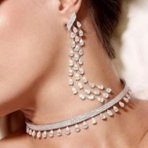 14 K /585 Rose Gold Diamond Choker Necklace with Long Chandelier Earrings