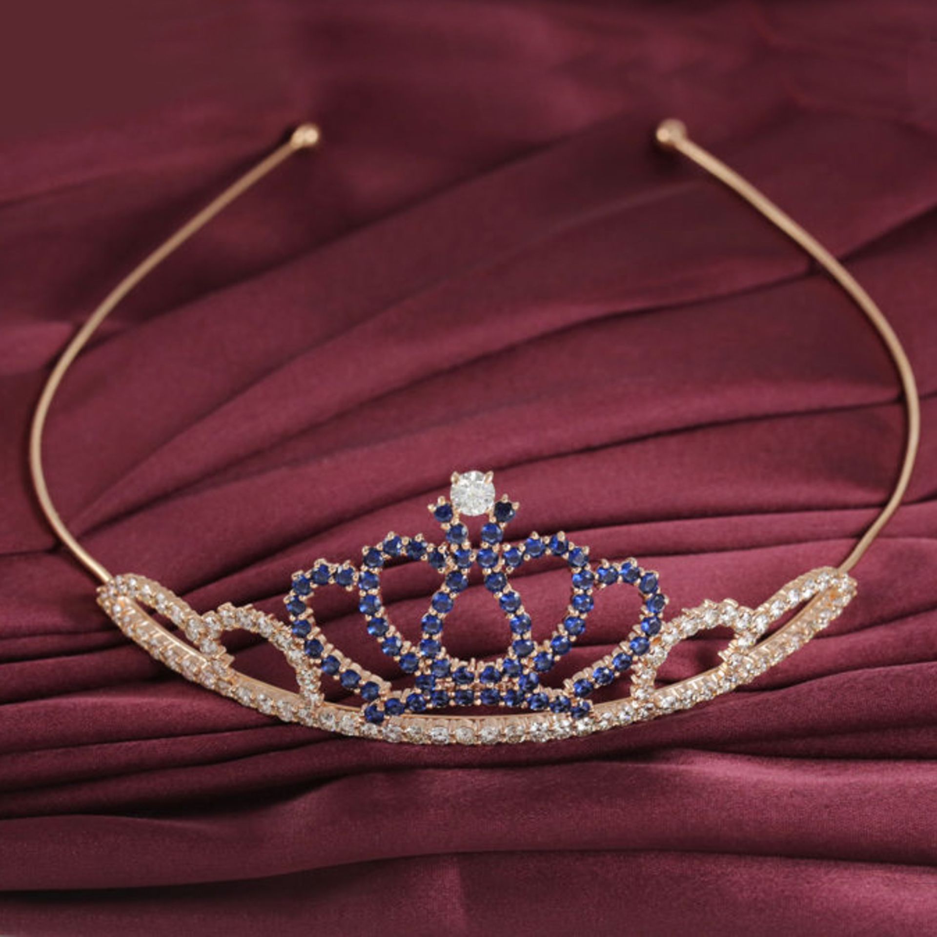 IGI Certified 14 K Rose Gold 11.06 ct. Diamonds and 5.60 ct. Blue Sapphire Tiara/Head Gear - Image 10 of 10