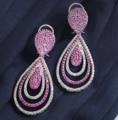 IGI Certified 14 K White Gold Long Diamond and Ruby Earrings