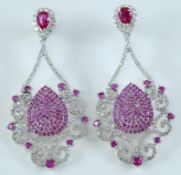 IGI Certified 14 K White Gold Chandelier Diamond and Ruby Earrings