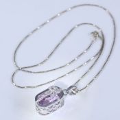 14 K White Gold Designer Kunzite (IGI Certified) and Diamond Pendant Necklace