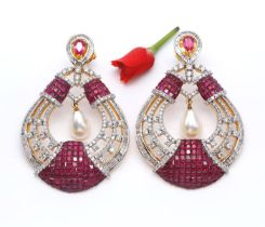 Old Heritage 14 K Yellow Gold Diamond, Ruby & Pearl Necklace Pendant Set & Chandelier Earrings