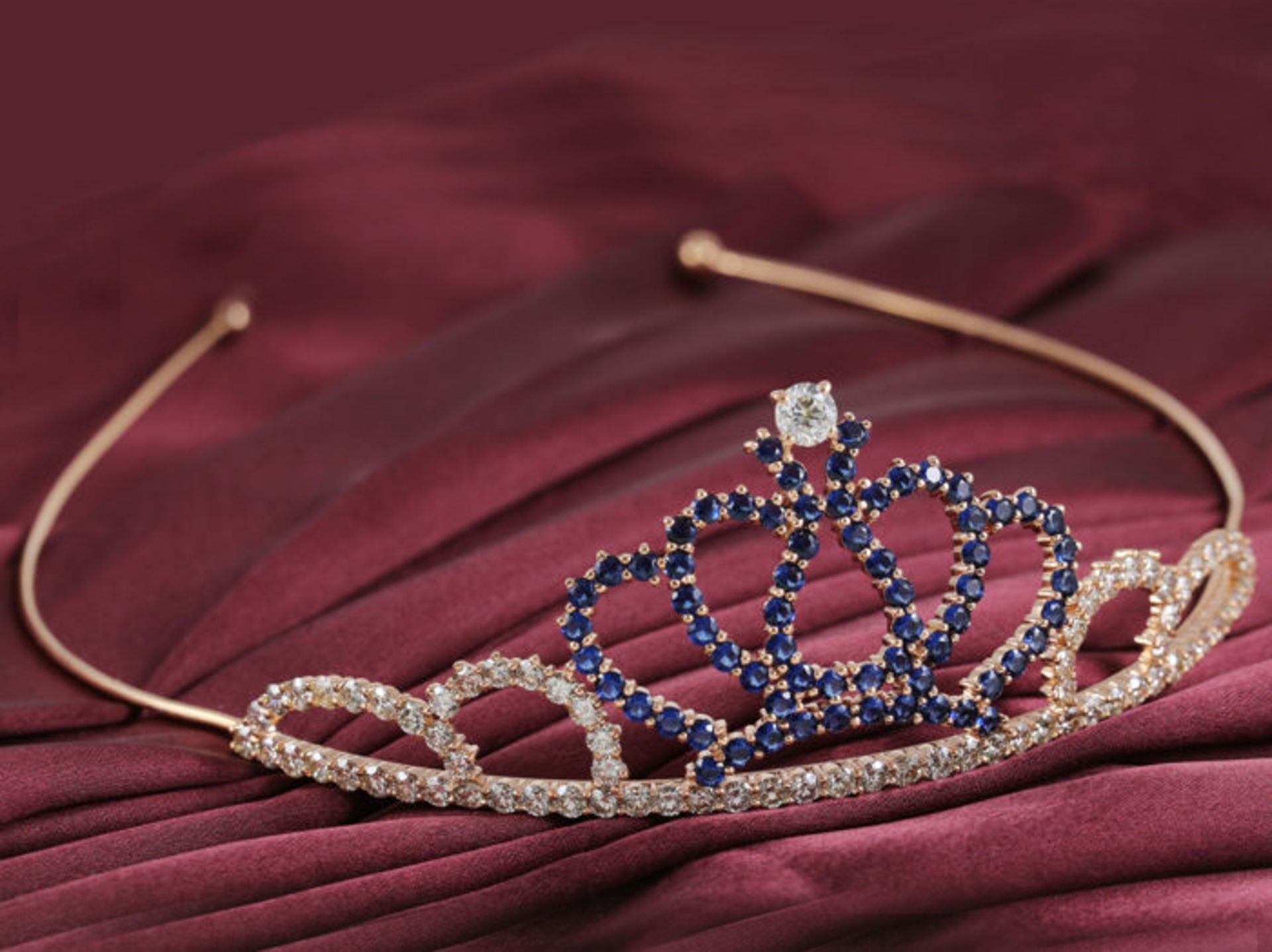 IGI Certified 14 K Rose Gold 11.06 ct. Diamonds and 5.60 ct. Blue Sapphire Tiara/Head Gear - Image 3 of 10