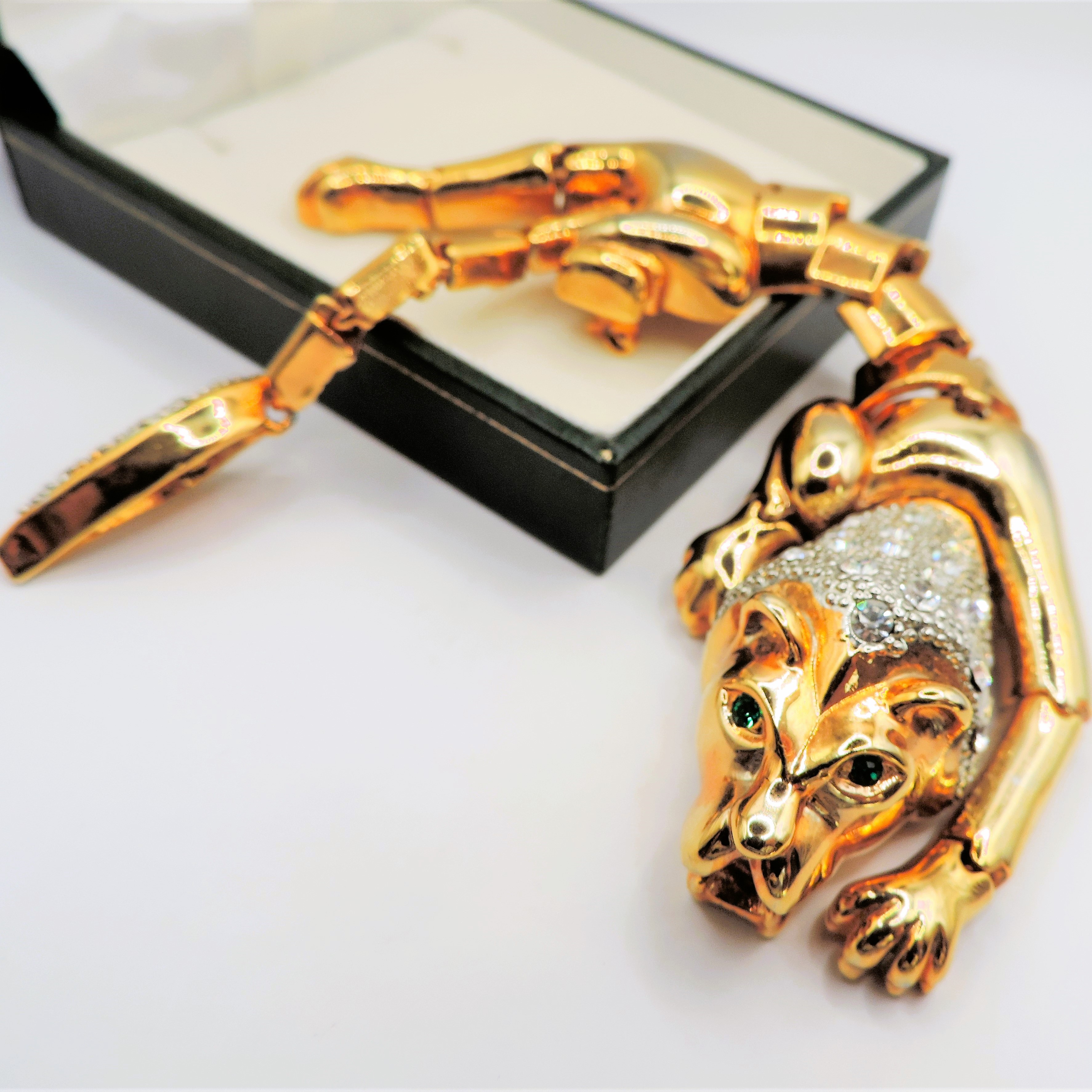 Vintage Gold Plated Crystal Lion Articulated Shoulder Brooch 7 inches Long c. 1980's - Image 6 of 6