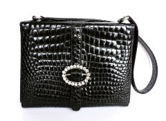 1990's Gianni Versace Couture Embossed Crocodile Black Leather Handbag