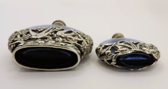 Pair Vintage Art Nouveau Style Silver & Cobalt Blue Perfume Bottles