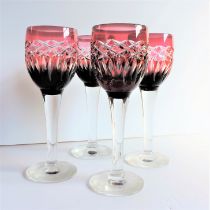 Antique Bohemian Ruby Cut to Clear Crystal Wine Glasses