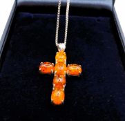 Sterling Silver Cabochon Amber Cross Necklace New with Gift Pouch