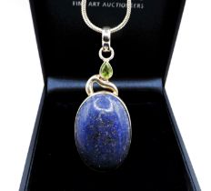 Artisan Sterling Silver Chunky Cabochon Lapis Lazuli & Peridot Necklace