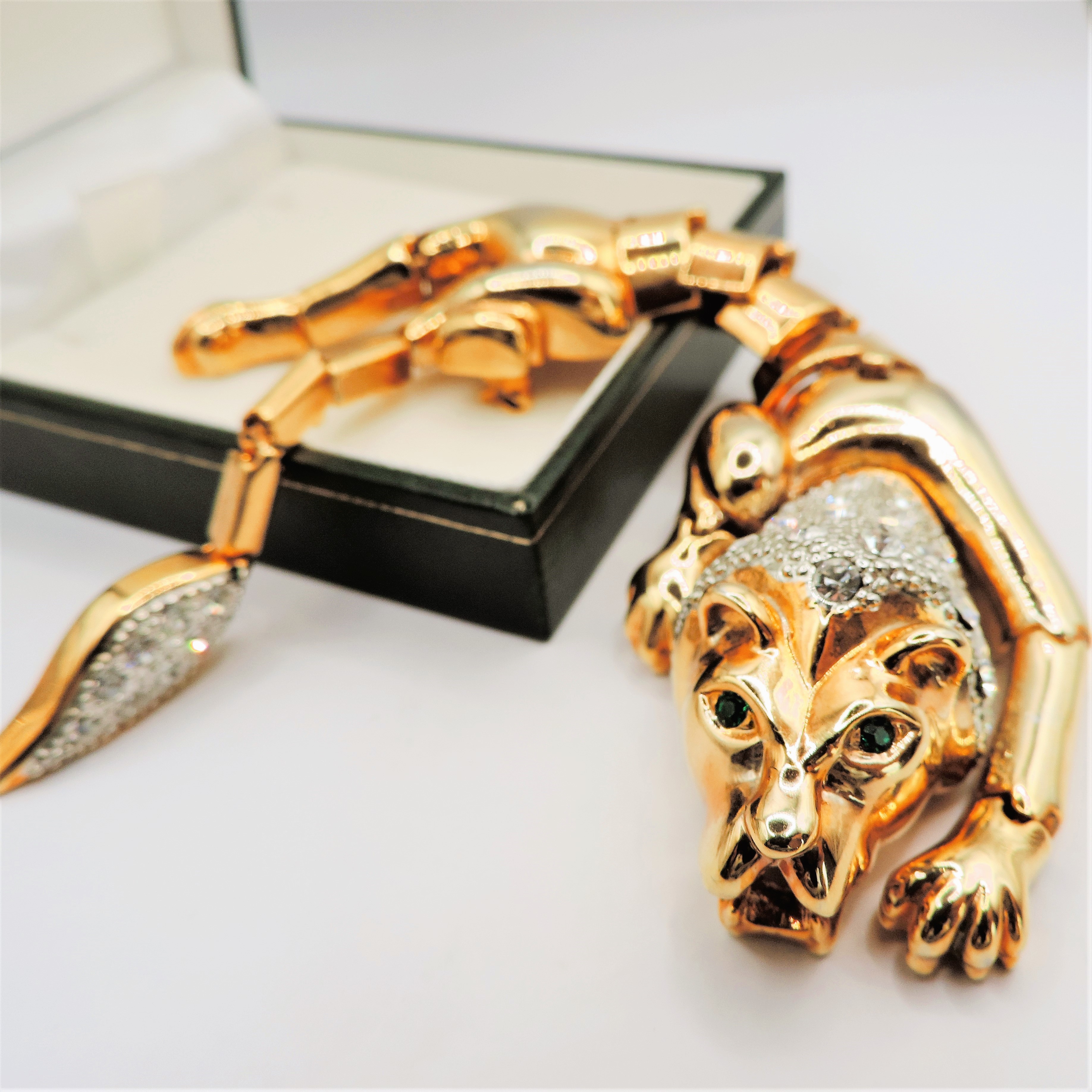 Vintage Gold Plated Crystal Lion Articulated Shoulder Brooch 7 inches Long c. 1980's