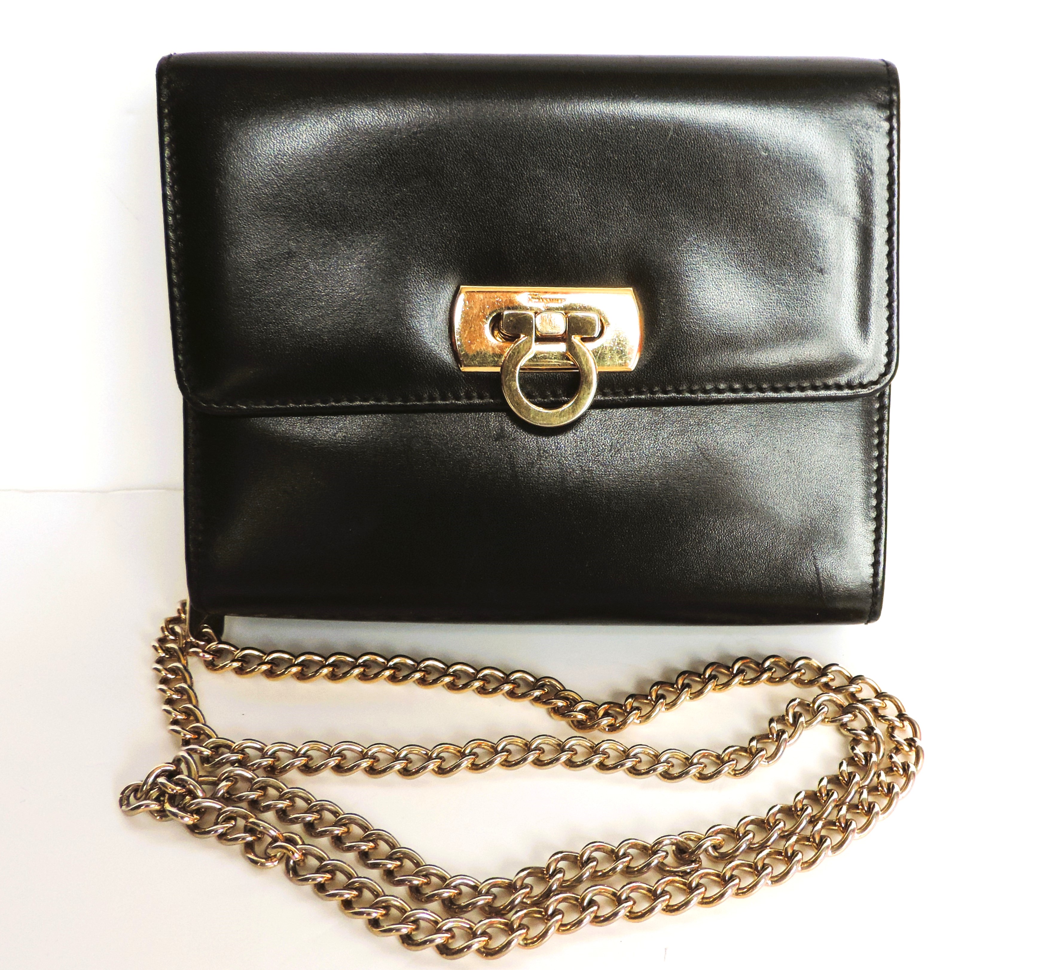 Vintage Salvatore Ferragamo Black Leather Mini Cross Body Bag Gold Chain AQ-21 8382 - Image 4 of 11