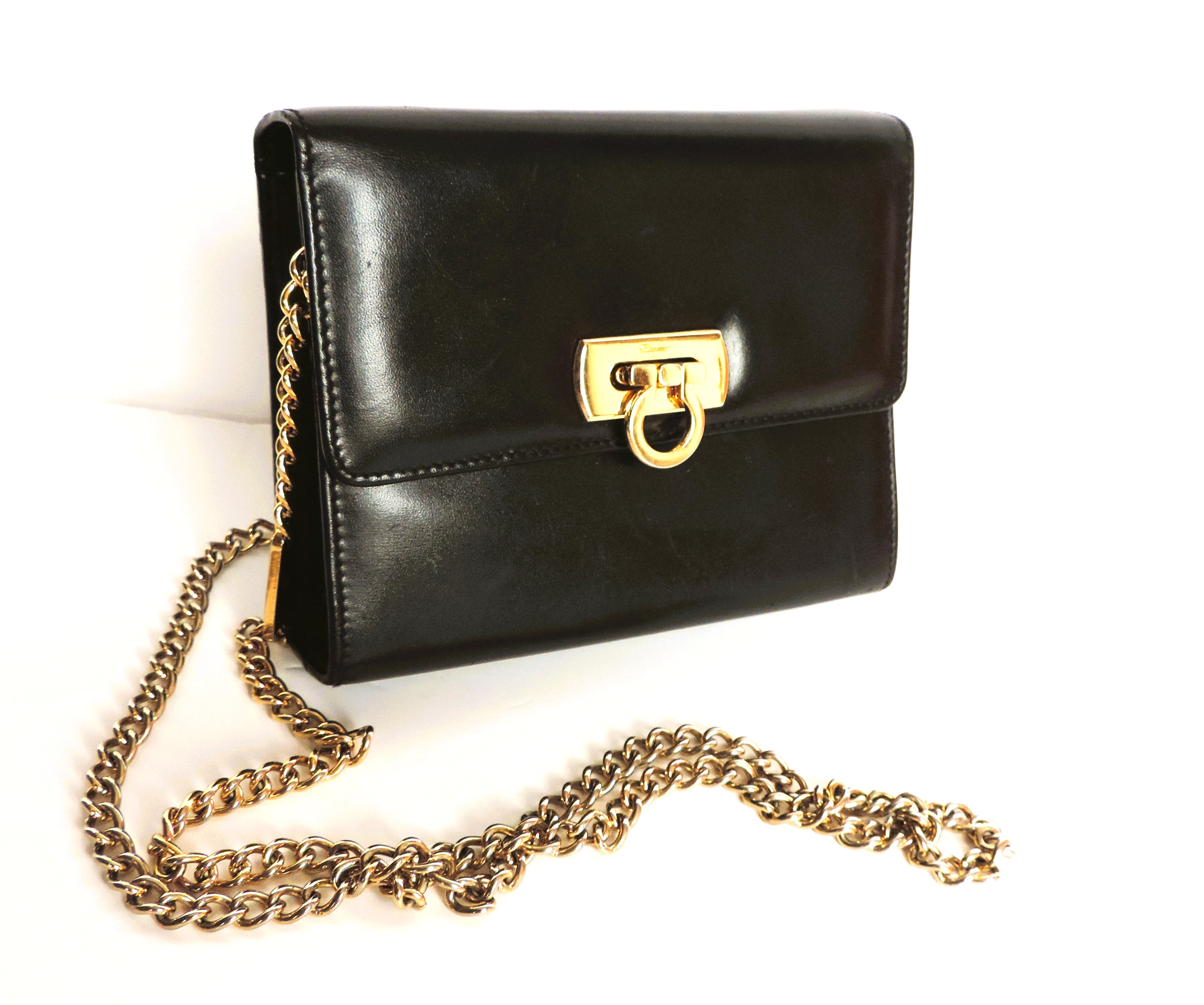 Vintage Salvatore Ferragamo Black Leather Mini Cross Body Bag Gold Chain AQ-21 8382