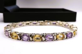 Sterling Silver 16CT Rose de France Amethyst & Citrine Tennis Bracelet with Gift Box